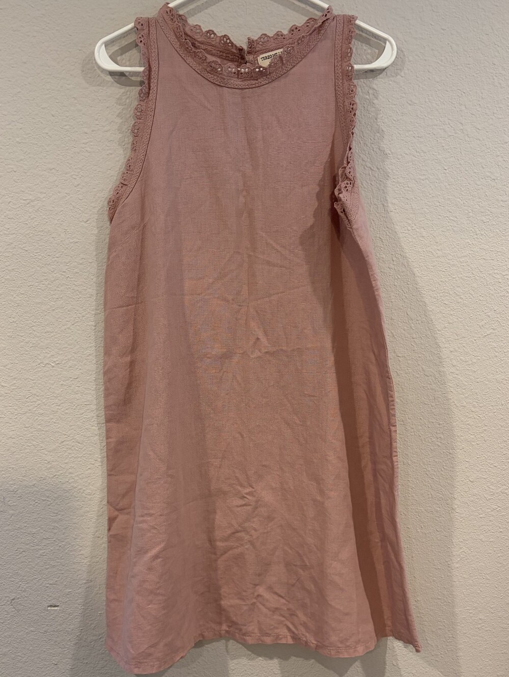 Terzo Millennio Womens Pink Embroidered Trim Linen High Neck Mini Dress Size Sm